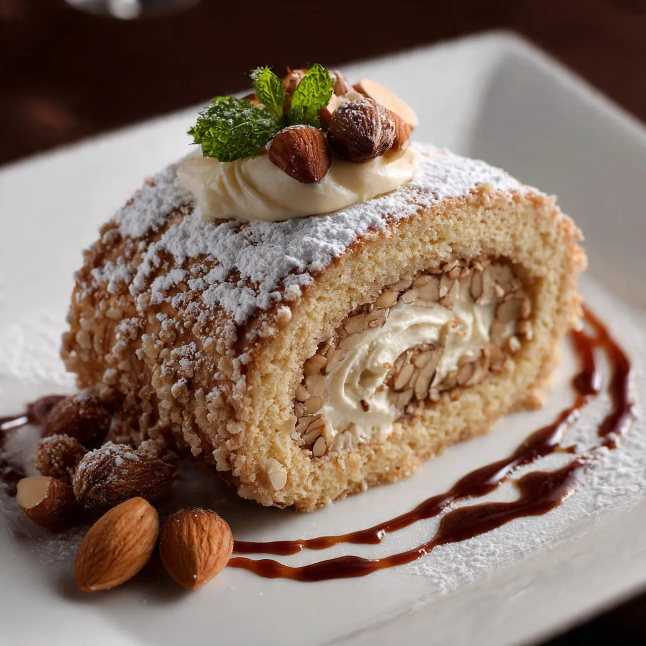 Almond Roulade with Hazelnut Praline Cream